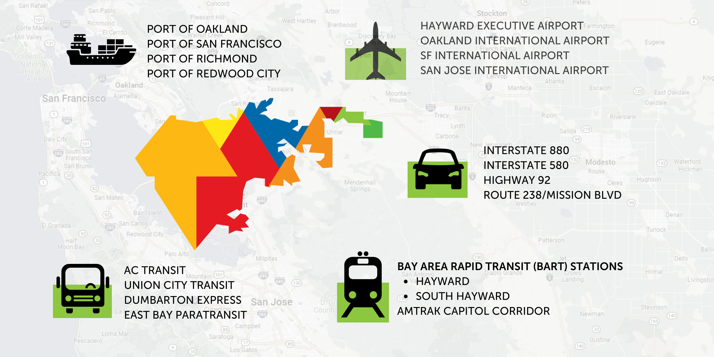 A map of Hayward highlighting some of the transit options