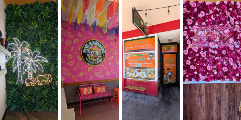 Photos of a vareity of restaurant walls that are decorated.