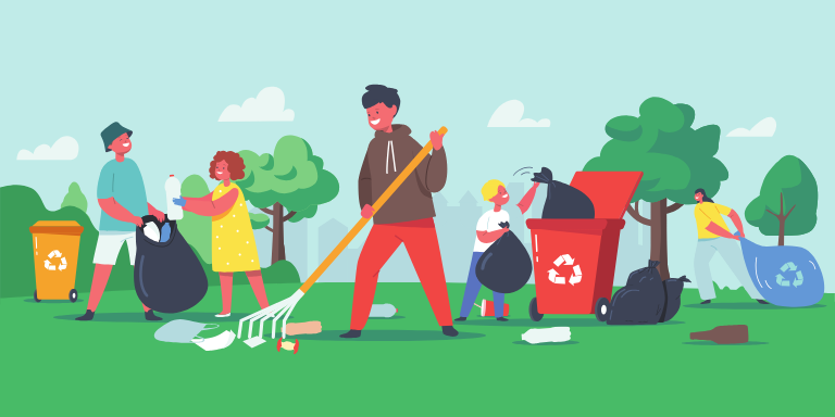 Illustration of people cleaning a park.