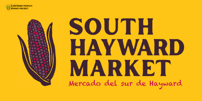 Yellow background graphic with purple text reading: South Hayward Market Mercado del Sur and a purple and pink corn illustration.