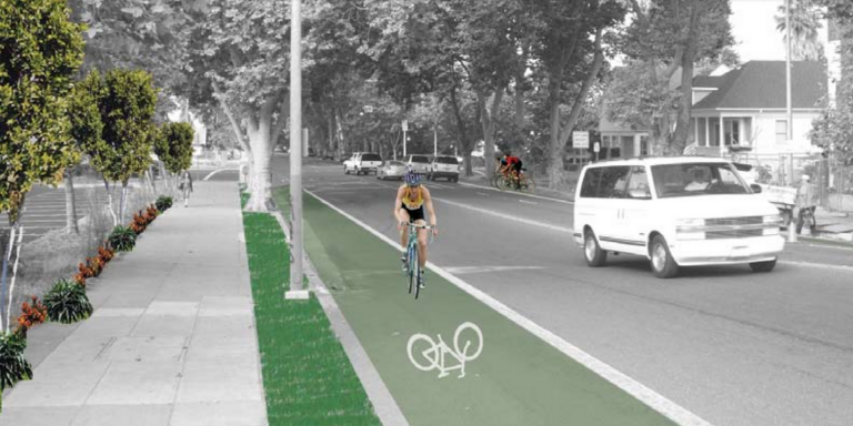 Artist rendering of people riding bikes along green bike lanes