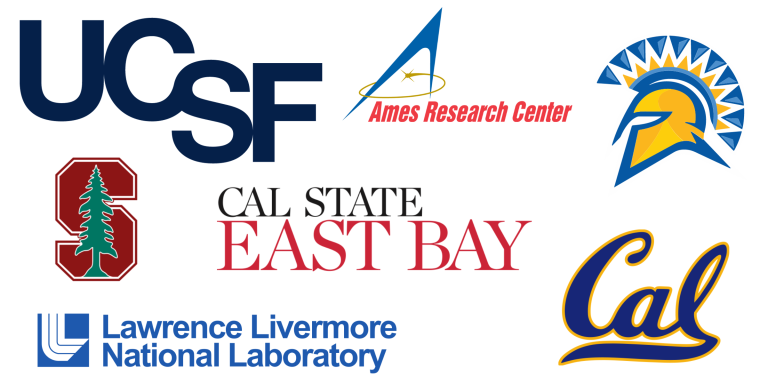 Logos for Lawrence Livermore Labs, NASA Ames Research Center, California State University East Bay, University of California Berkeley, Stanford University, San Jose State University, University of California San Francisco