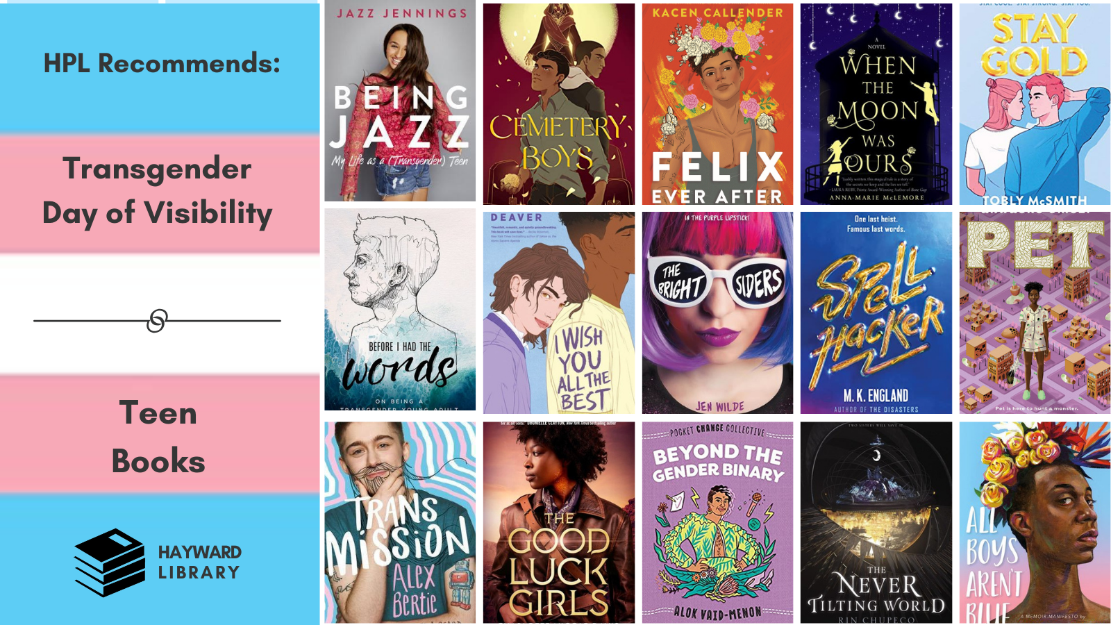 collage of book covers with trans pride flag