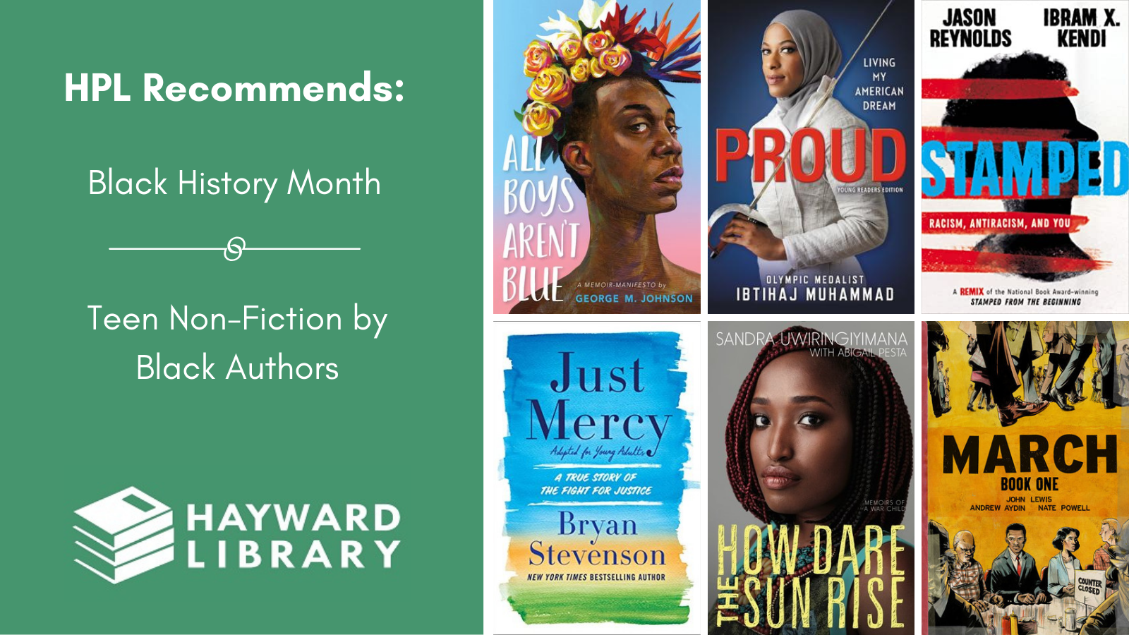 Collage of book covers with a green block on left side that says HPL Recommends, Black History Month, Teen-Fiction by Black Authors in white text, with Hayward Library logo below it.