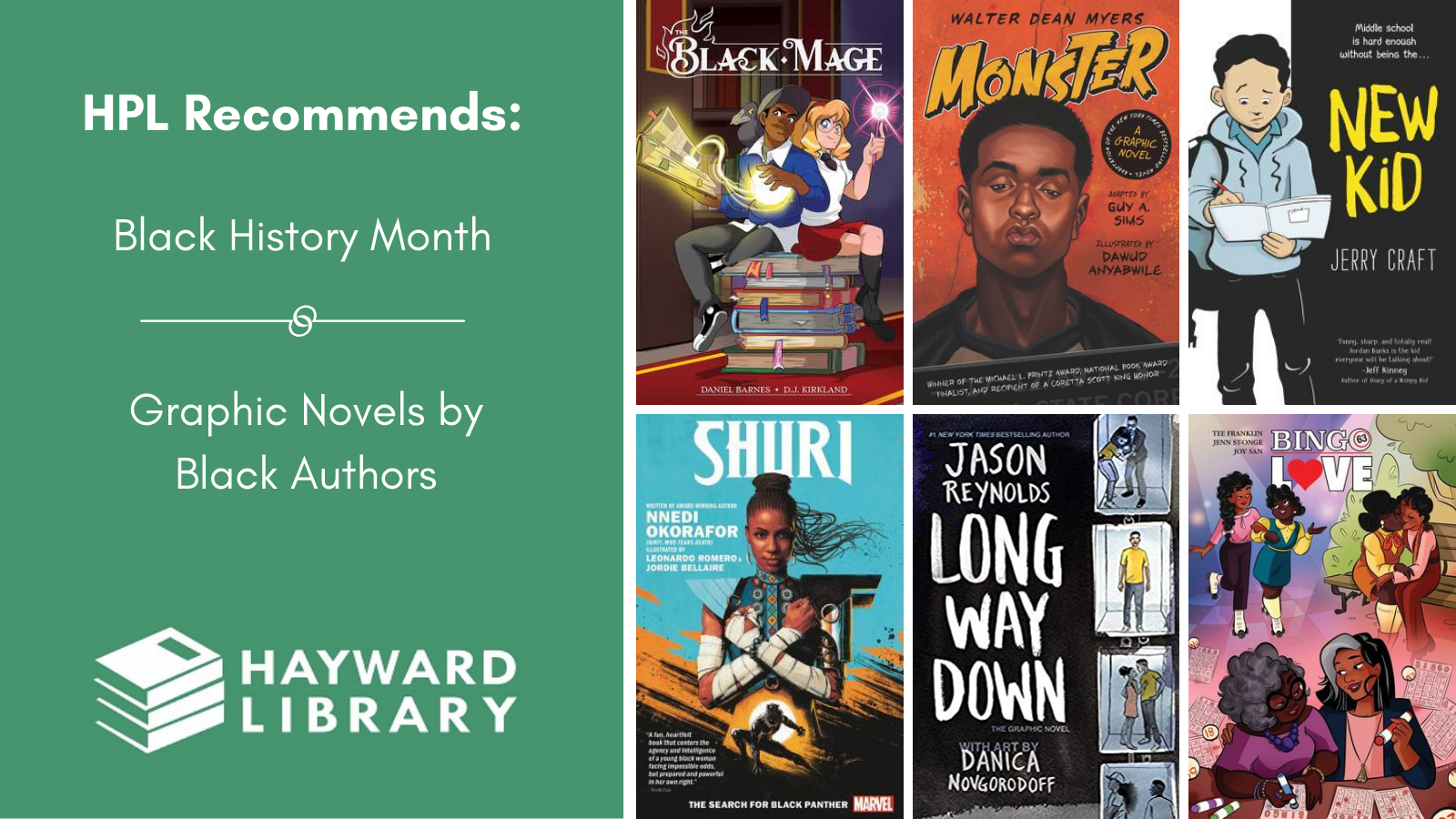 Collage of book covers with a green block on left side that says HPL Recommends, Black History Month, Graphic Novels by Black Authors in white text, with Hayward Library logo below it.