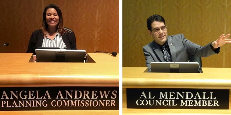 Side by side photos of Councilmember Angela Andrews and Councilmember Al Mendall at the City Council podium
