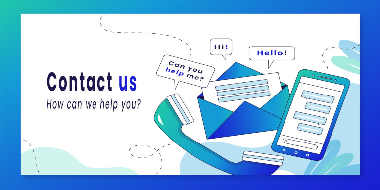 A telephone, envelope, and tablet with the words "Contact Us: How Can We Help You?"