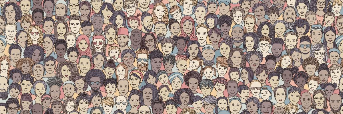 Cartoon drawing of many people of different skin colors.