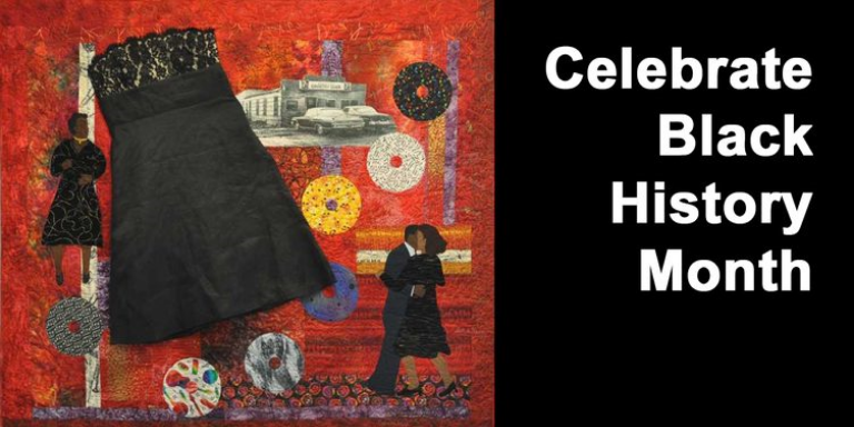 Photo of a quilt with a black dress, a photo of Russell City, and illustrations of Black people dancing next to it, in white text on a black background reads: Celebrate Black History Month.