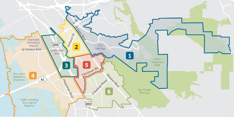 Colorful map of the City of Hayward depicting the six new Hayward Council Districts in different colors