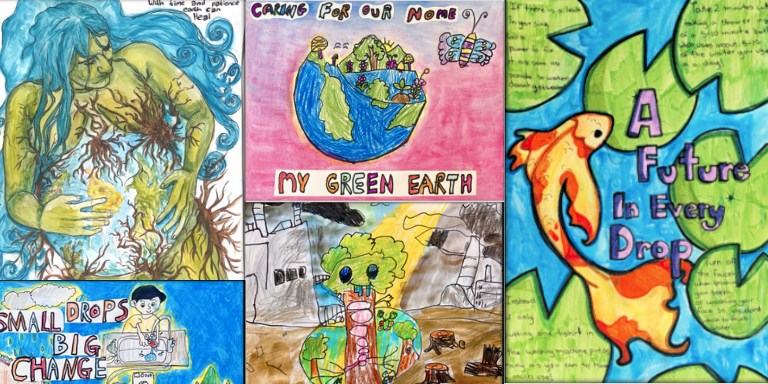 Collage of earth day art made by children and teens.