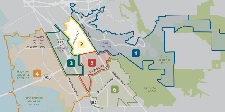 Image of a map with an outline of the Hayward districts on top of it.