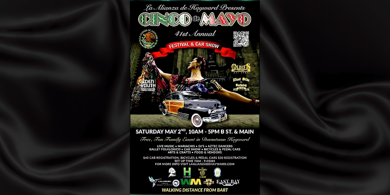 Flyer of Cinco de Mayo with a woman dancing in a traditional baile folklorico dress.