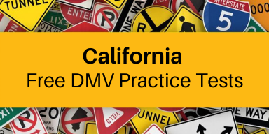 A stack of traffic signs with the text" California Free DMV Practice Tests" on top
