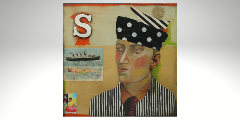 Painting of a man in a black and white striped coat and black and white polkadot hat looking at an image of  a steam boat and a man floating on his back in green swim shorts.