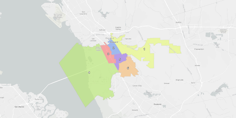 Colorful map of Hayward showing the police districts