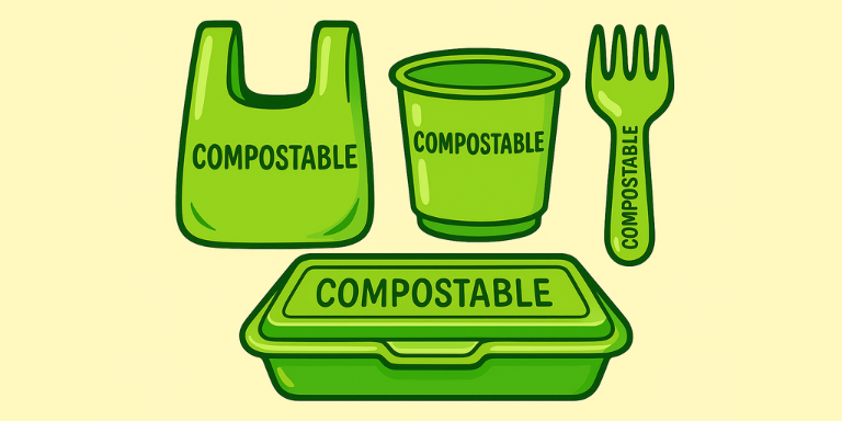 Graphic of various compstable packaging.