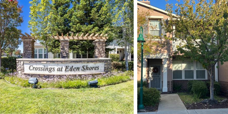 Photo of a a sign of Eden Crossings in a grassy lawn next to a photo of the front of a town home..