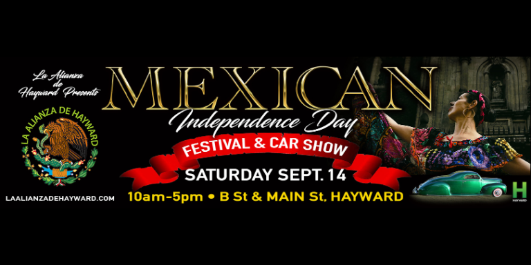 Black and gold graphic with info for the Mexican Independence Day Festival