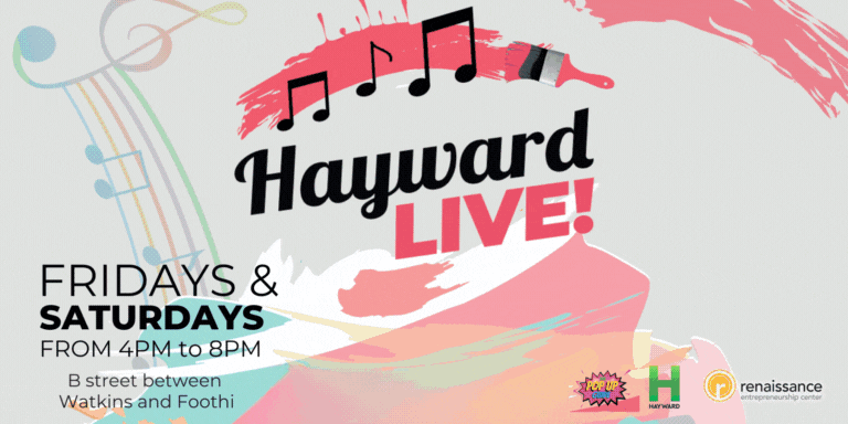 GIF of information for the Hayward LIVE art showcases and the Hayward Downtown Street Parties.