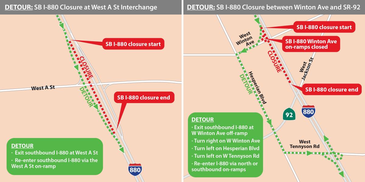 Two maps showing the effected lanes and what detours you should take