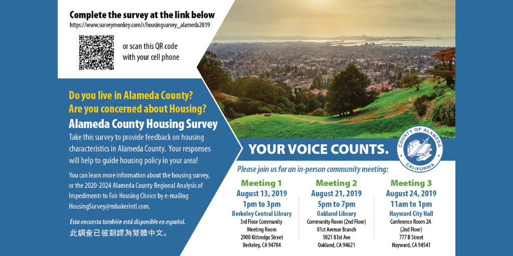 Blue background with image of the East Bay from the Oakland Hills. Information about the survey is written in text boxes on the image. 