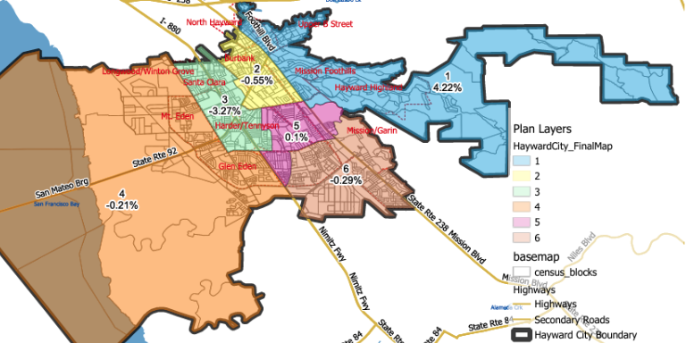 Map of the City of Hayward showing the six new districts