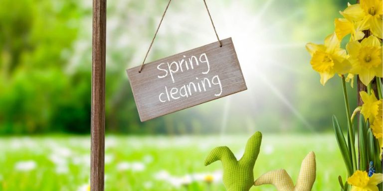 Wooden sign that reads, "Spring Cleaning" next to green grass and yellow daffodils