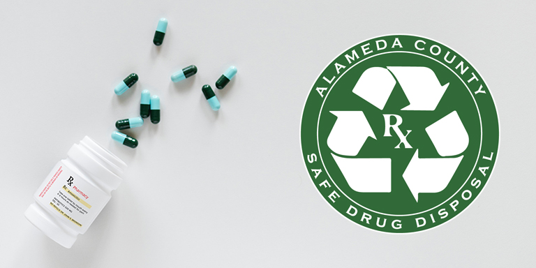 Pill bottle and alameda county Safely dispose logo