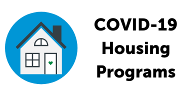 A grey house with a green heart doorknob next to the text: COV-19 Housing Programs
