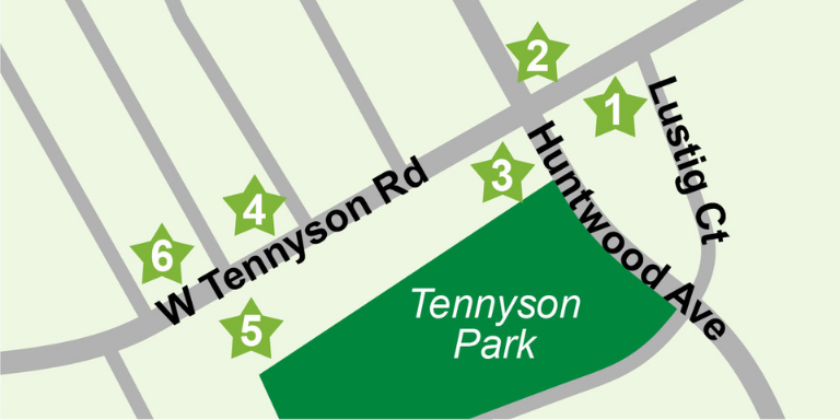 Green and grey map of Tennyson Rd. From Mission Blvd. to Tennyson Park. 