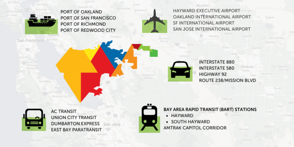 A map of Hayward highlighting some of the transit options
