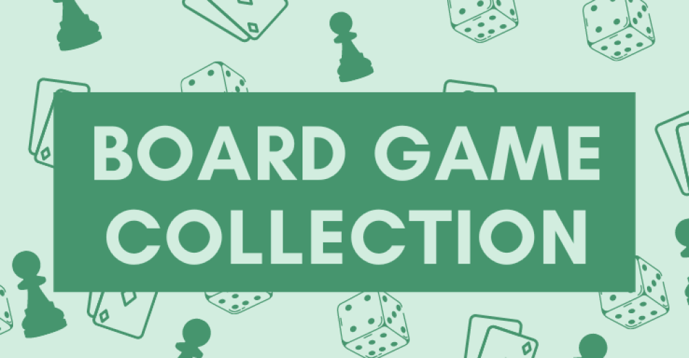 An assortment of green board game pieces. Green text box in the center reads: Board Game Collection