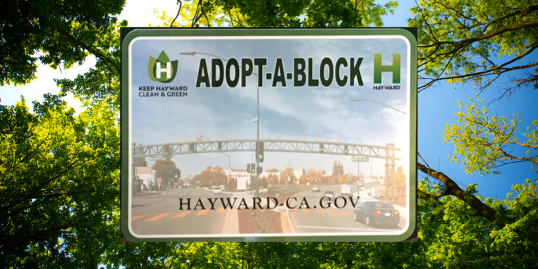 The adopt-a-block program sign on a background of green trees and a blue sky