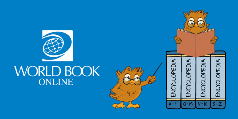 Two cartoon owls reading next to the World Book Online logo