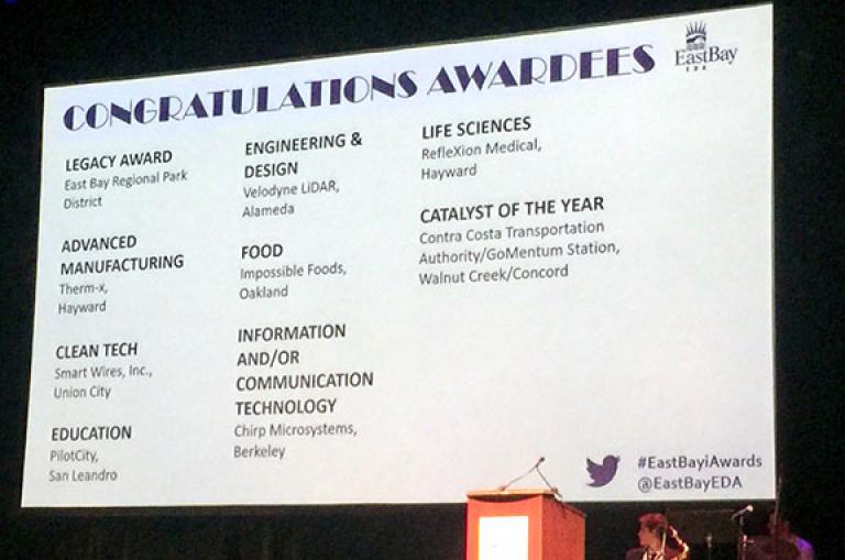 Congratulations slide at the 2018 East Bay Innovation Awards