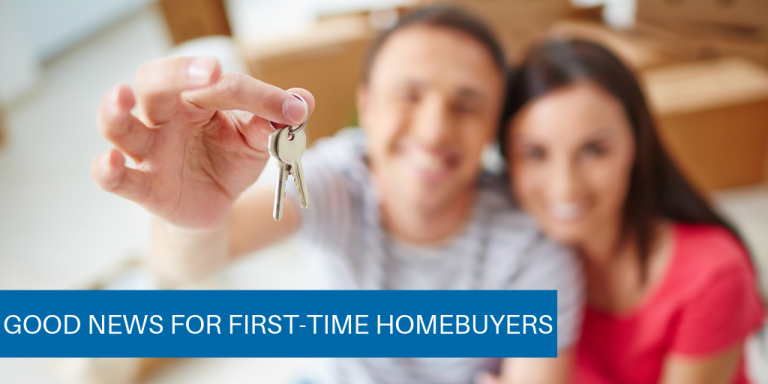 Blurry photo of a man and woman holding a set of keys. on the lower left-hand side of the photo is a blue box with white lettering reading: Good news for First-time homebuyers