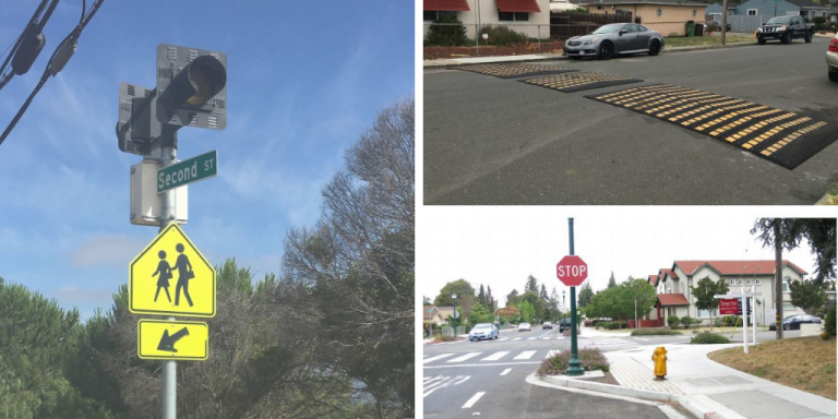 A collage of traffic calming devices including a flashing beacon, speed bumps and a stop sign