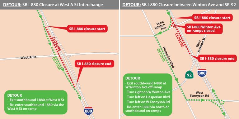 Two maps showing the impacted lanes and what detours you should take 