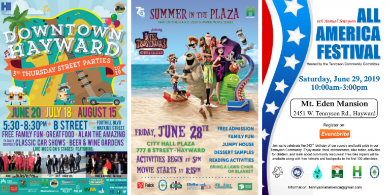 Three event posters side-by-side: Downtown Hayward Street Parties is shades of blue-greens with cartoon musical instruments, Movies in the Plaza shows a monster family standing on a beach, All America Festival poster has an American flag on the left hand side