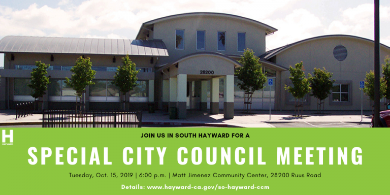 Matt Jimenez Community Center with a green text box that says 'Join us in South Hayward for a Special City Council Meeting'
