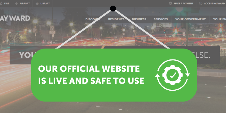 City of Hayward website and a green banner indicating it is now back online