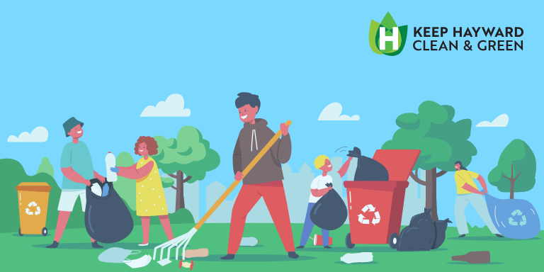 Illustration of a group of people cleaning up a park.