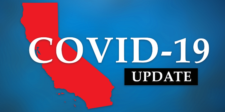Photo of a red graphic of California on a blue back ground. Text reads: COVID-19 Update