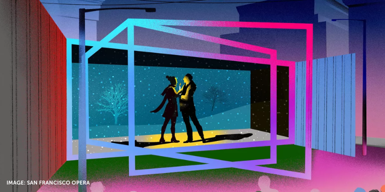 Illustration of people performing on a stage in front of an audience. Photo credit given to the SF Opera. 
