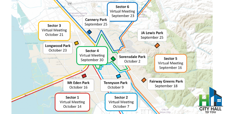 Map of Hayward showing the different meeting locations
