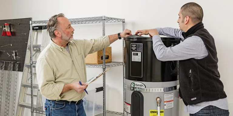 Two men inspecting a water heater