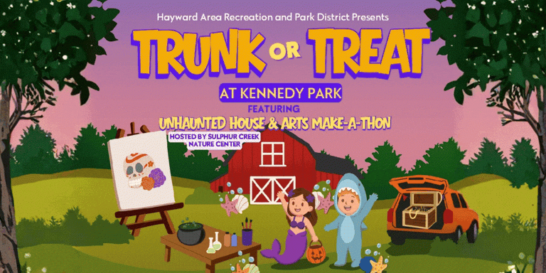 Cartoon children in Halloween costumes creating crafts near a car with it's trunk open for trunk or treat and a red barn