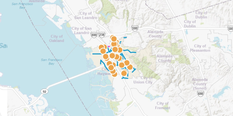 Map of Hayward with yelow dots showing high injury roads and streets