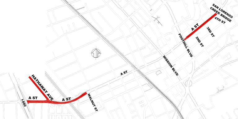Map of streets of Hayward showing the closures on Hathaway and A Street as described in the article.